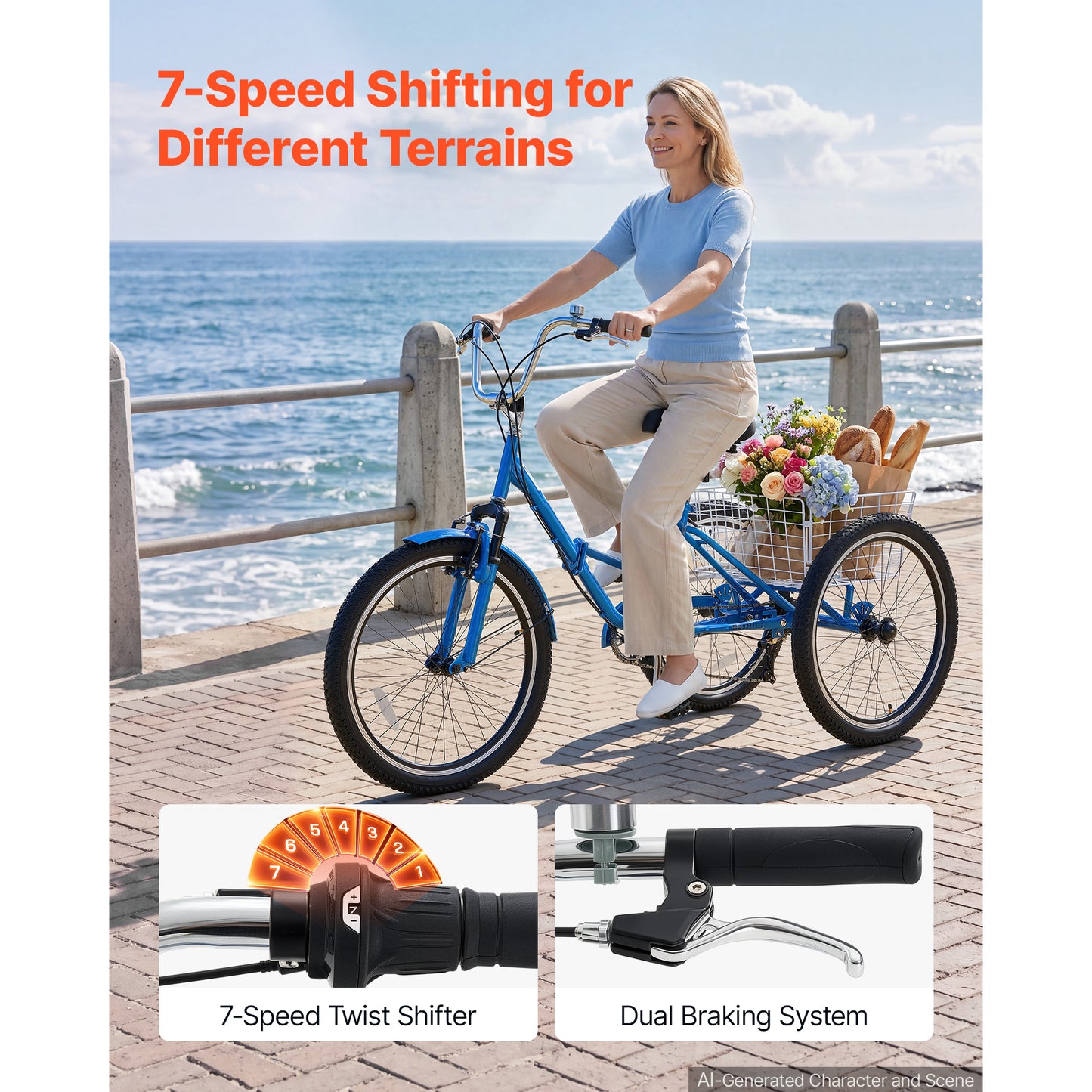 Adult Folding 24-Inch 7-Speed Cargo Tricycle with Basket - Men Women Senior
