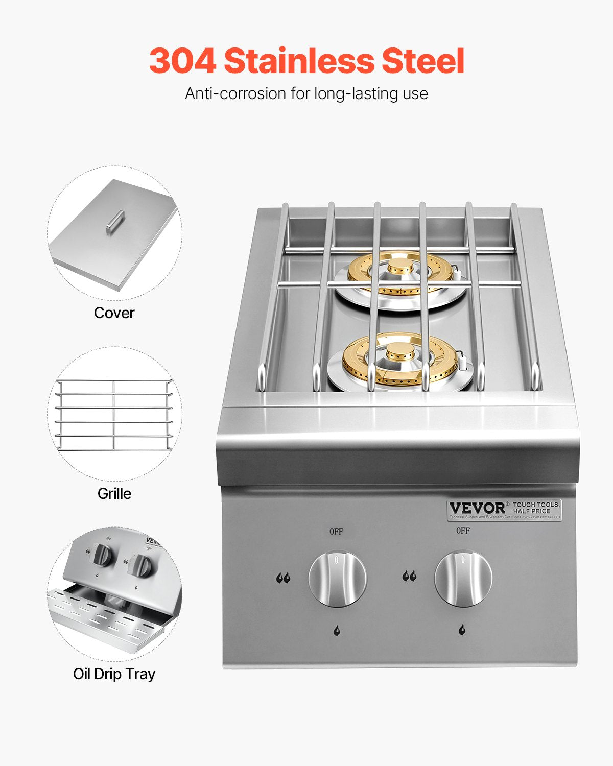 Double Side Burners for Outdoor Grilling - 15,000 BTU Propane & Natural Gas