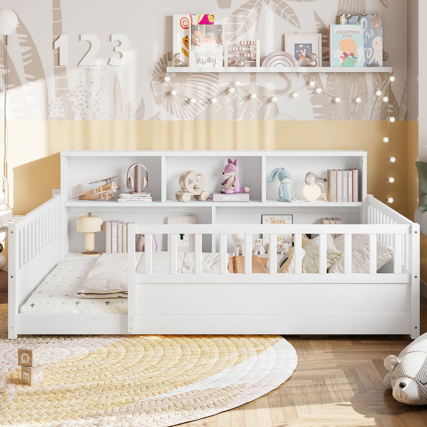 Full-Sized Wooden Floor Bed with Fence Guardrail and Storage - White