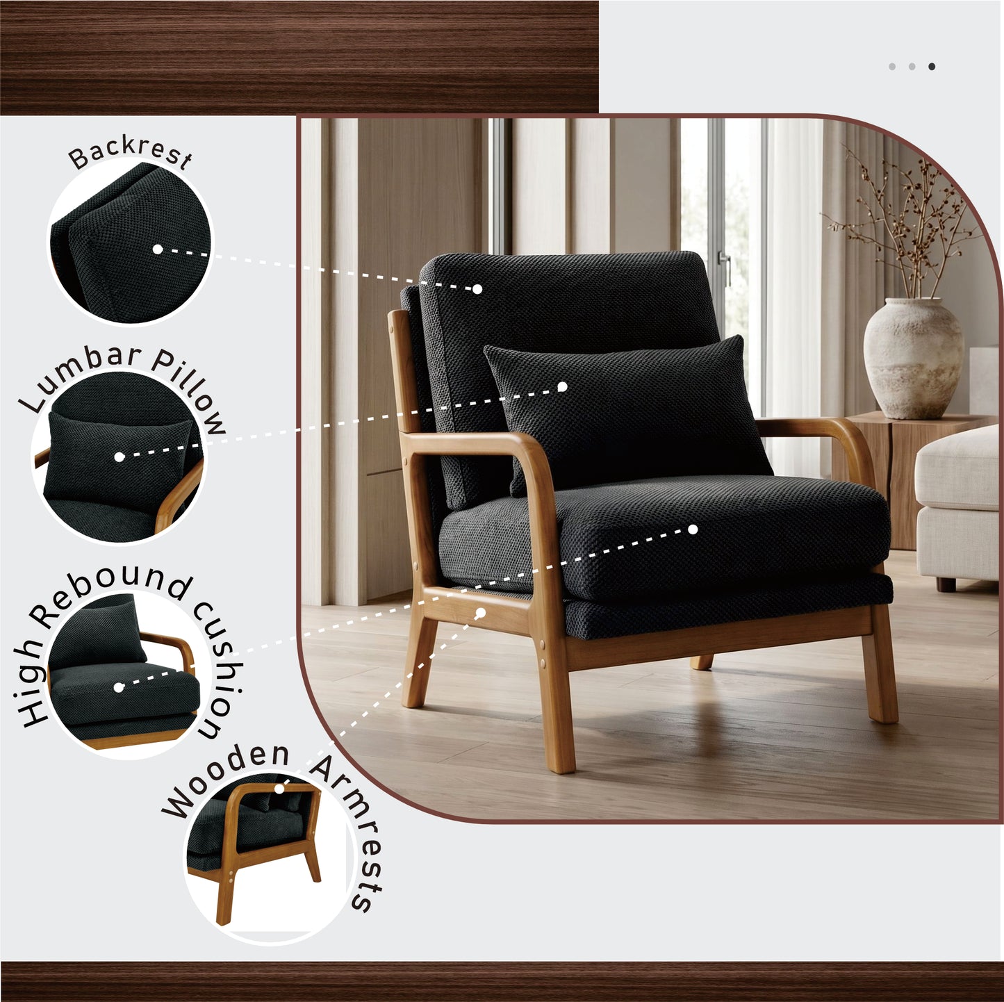 Mid-Century Modern Wooden Lounge Chair - Dark Gray Fabric