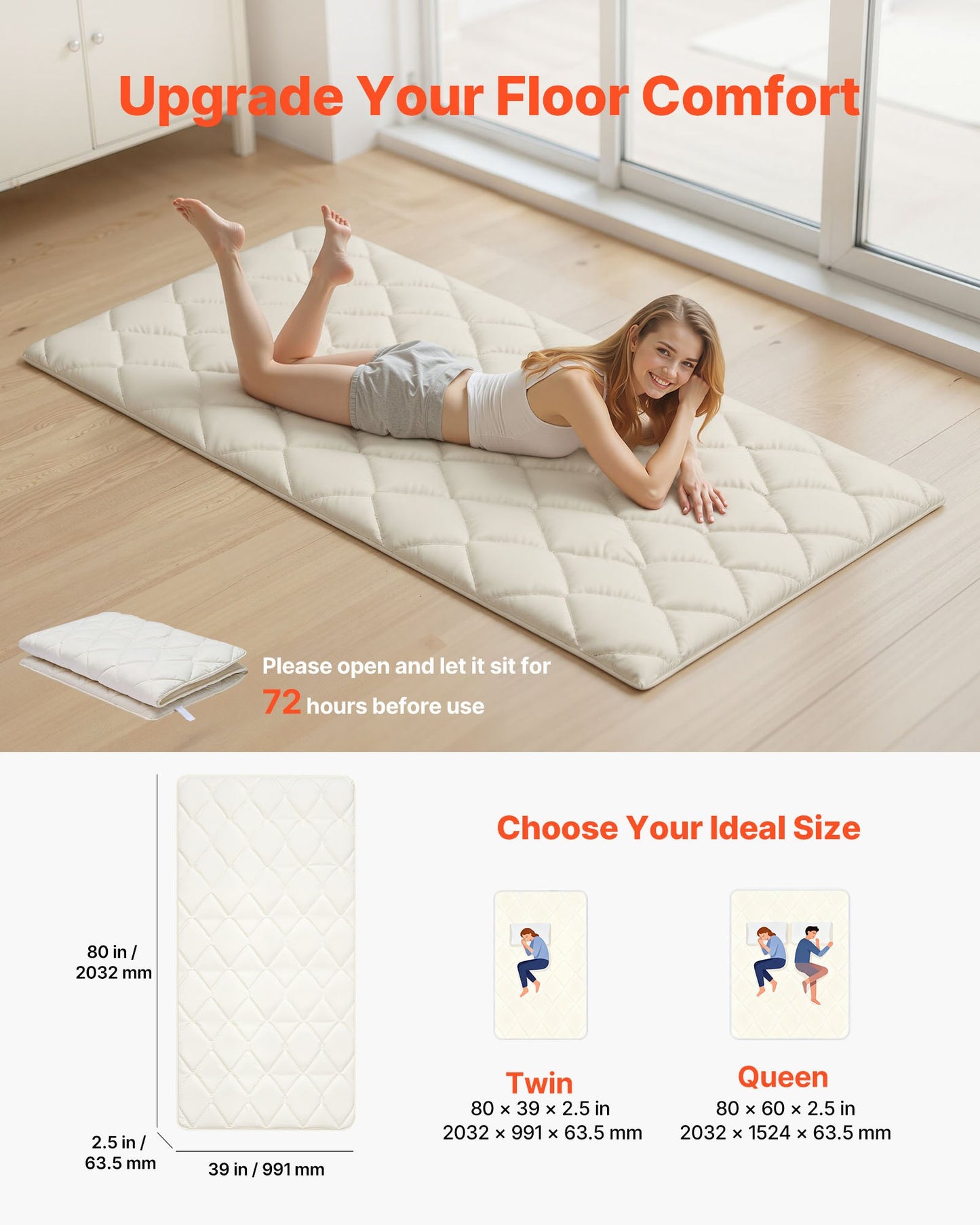 Foldable Japanese Tatami Mattress Twin Size with Storage Bag, 9-Layer Support, White