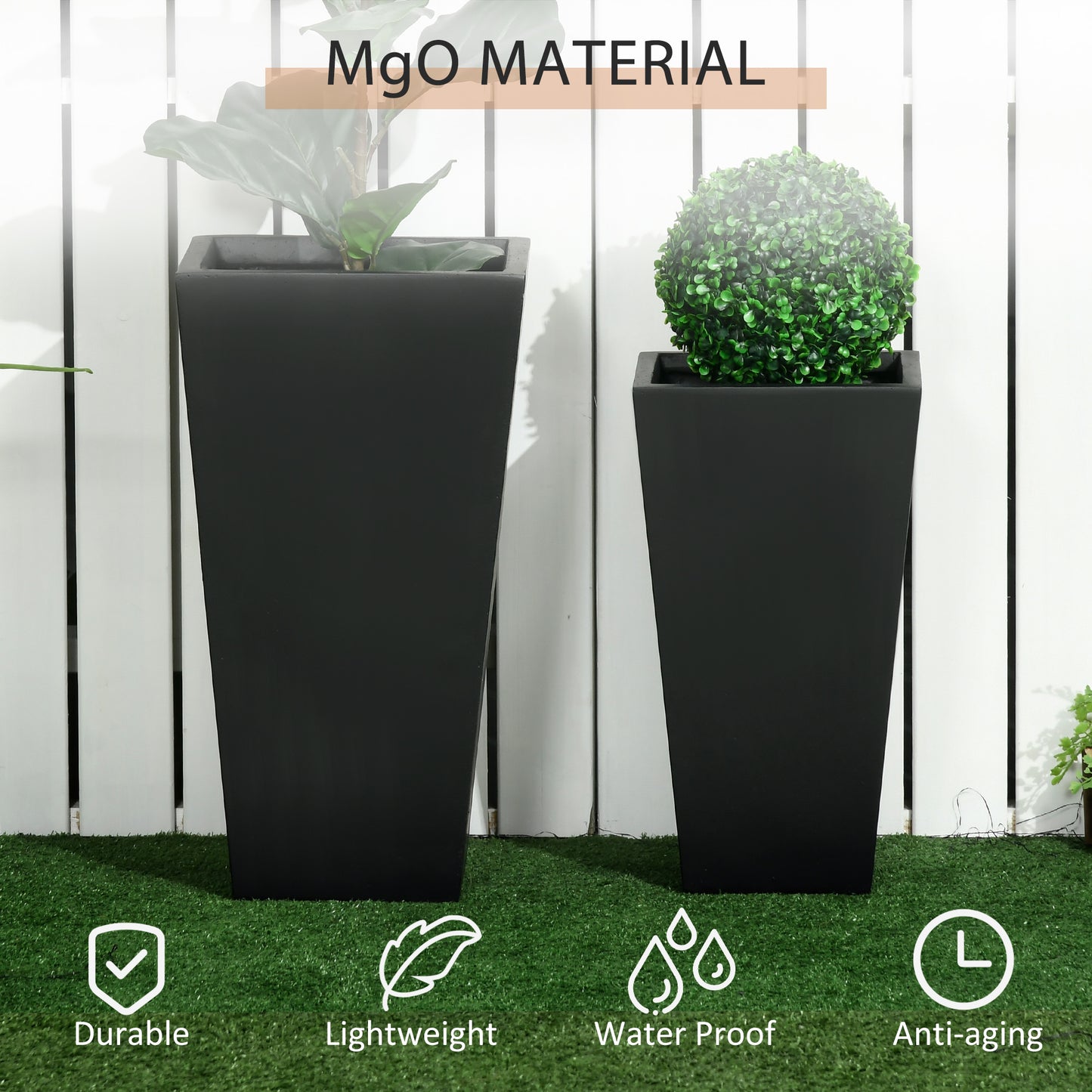 Large Outdoor Flower Planters Set of 2 - Stackable, Drainage Holes, Black
