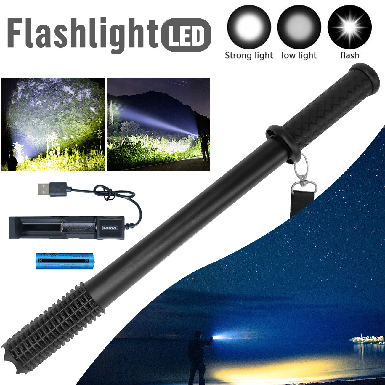 Rechargeable LED Flashlight with 3 Lighting Modes and Emergency Hammer