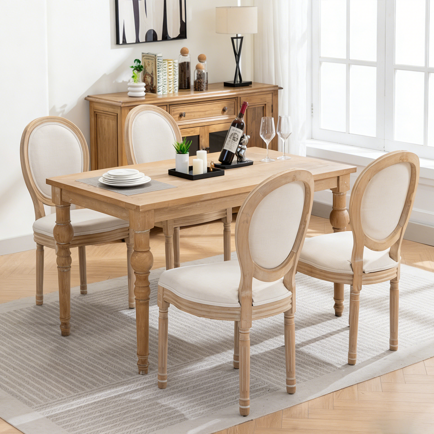 Farmhouse Dining Chairs Set of 2 - Solid Wood Frame with Linen Cushions, Beige