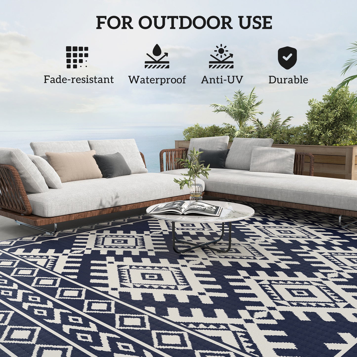 Reversible Waterproof Outdoor Rug - Blue & White Rhombus, 9x12