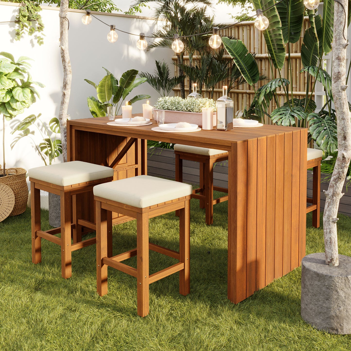 5 Piece Outdoor Bar Set, Patio Acacia Wood Height Table & Four Stools