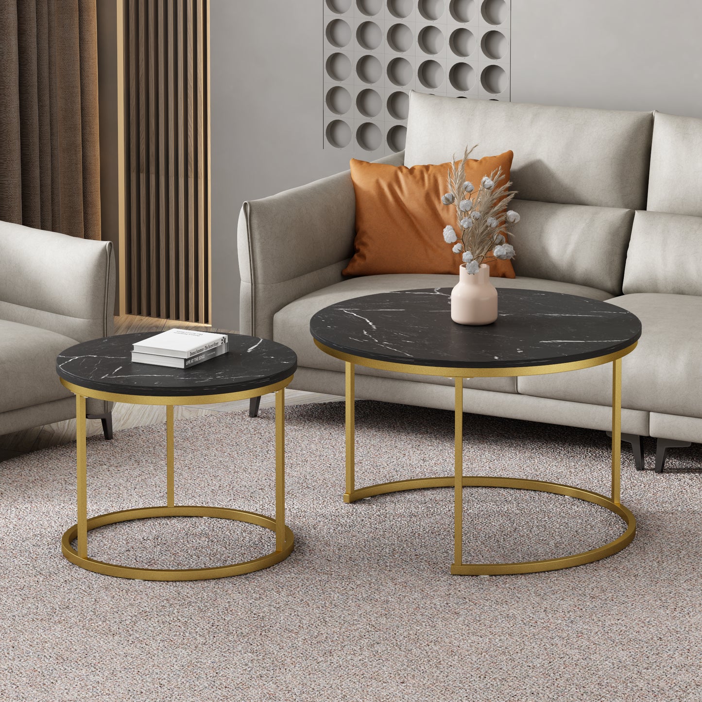Nesting Coffee Table Set of 2 - Round Black+Gold Marble Top