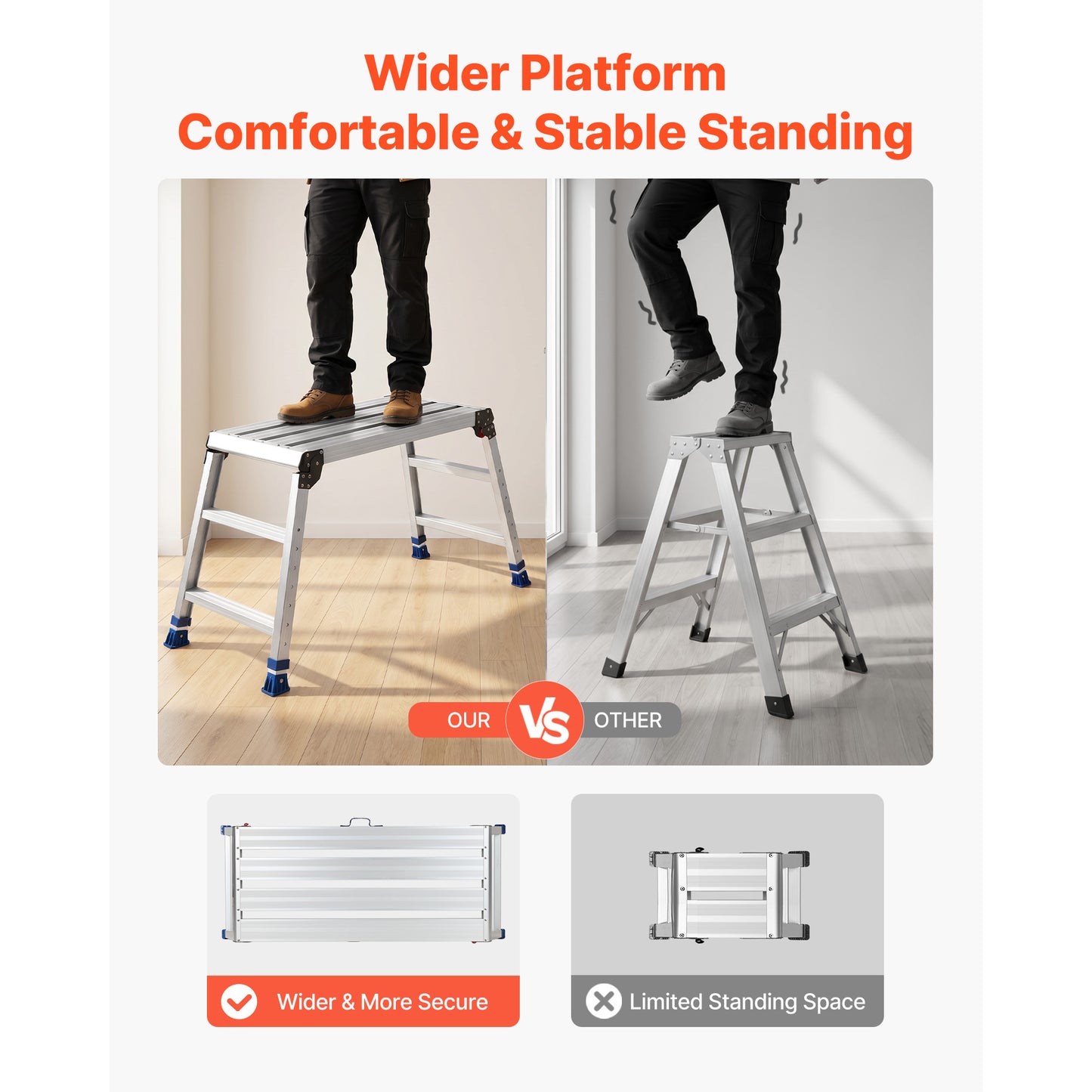 Adjustable Folding Work Platform Ladder - Heavy Duty Aluminum Step Stool, 500 Lb Capacity