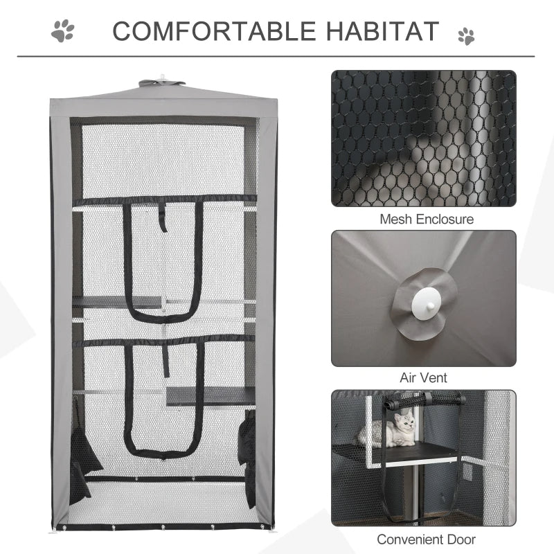 Outdoor Cat Enclosure Mesh Playpen with Steel Frame, 3 Platforms & 2 Doors