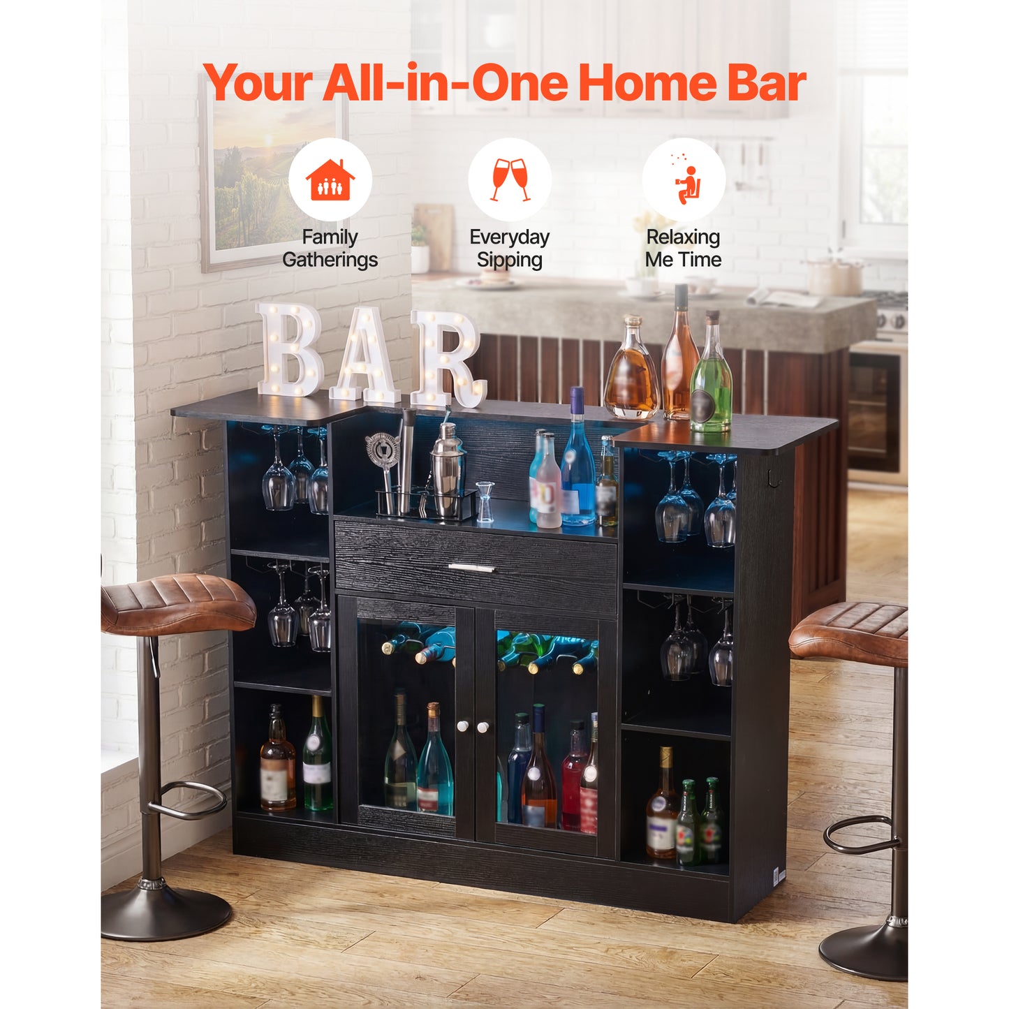 Home Bar Unit with Wine Storage & LED Lighting - 4-Tier Liquor Cabinet