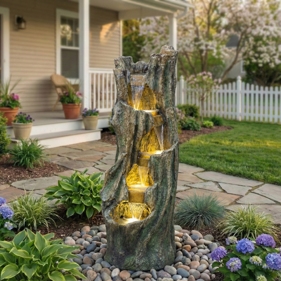 Outdoor Waterfall Fountain with LED Lights - Garden & Patio Decor, Grey