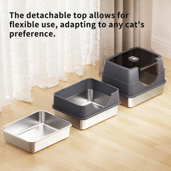 Stainless Steel Cat Litter Box with Flip-Top Cover & Odor Control