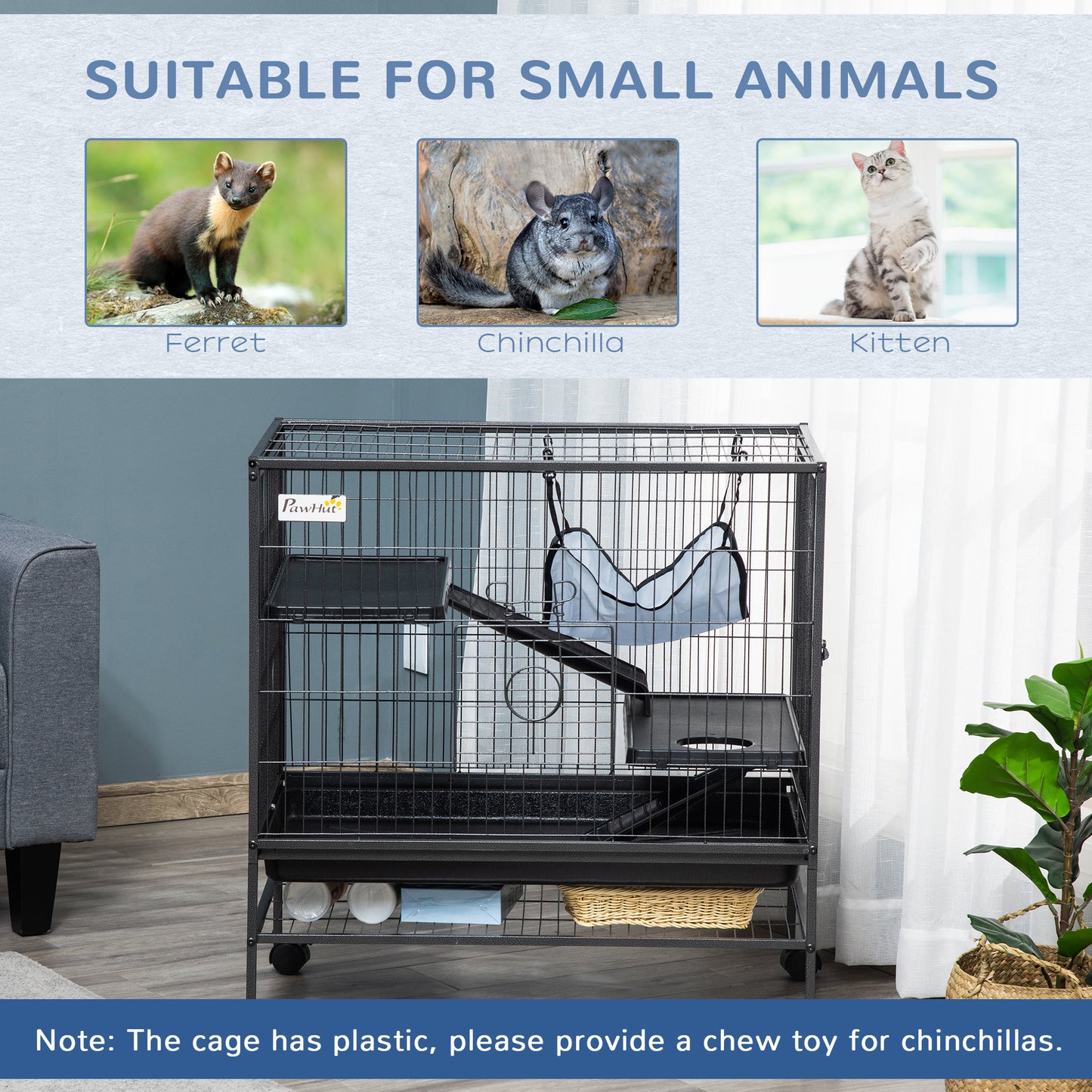 Small Animal Cage with Wheels, Multi-Tier Pet Habitat for Hamsters, Ferrets, Chinchillas - Black 31.5 x 20.5 x 33.1 inches