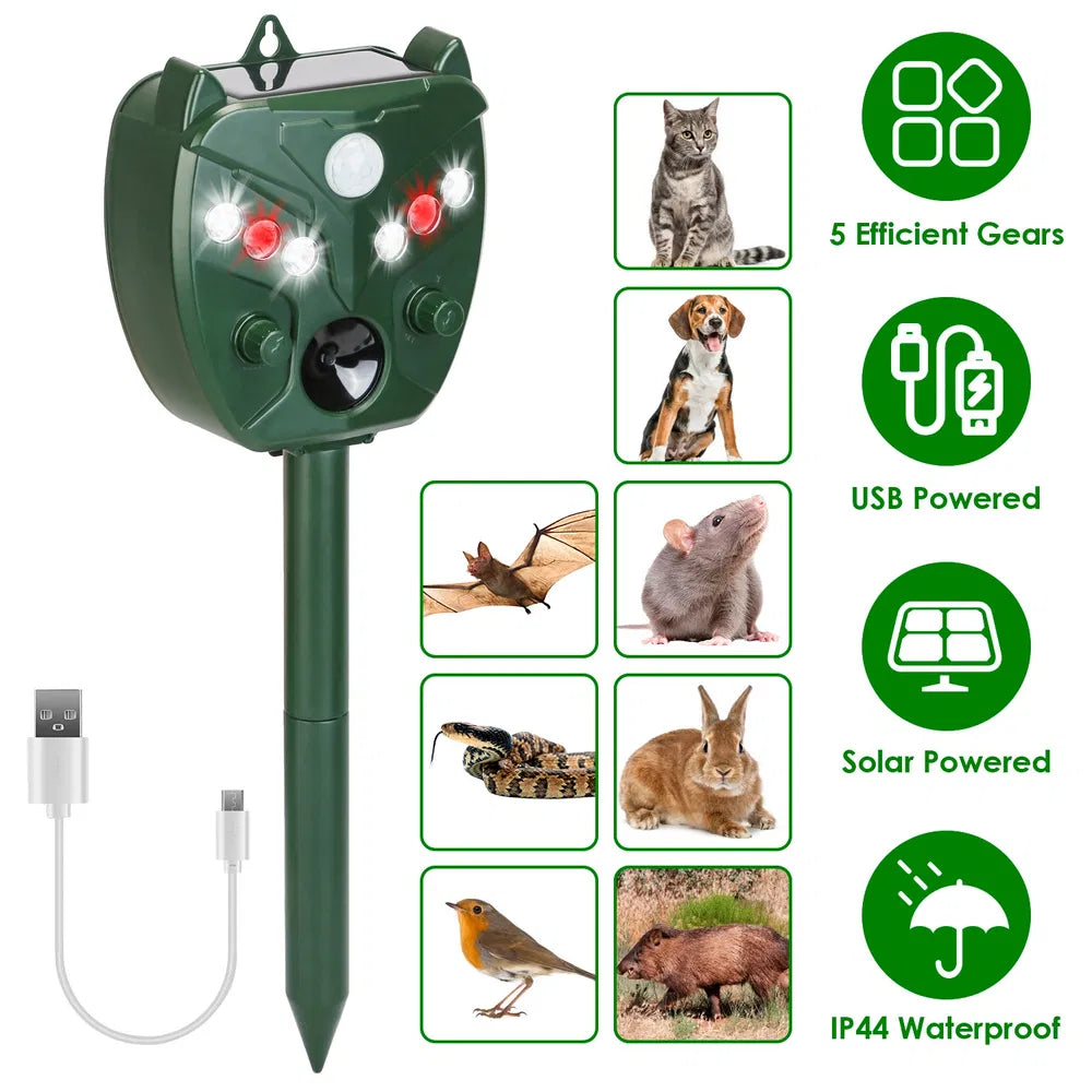 Ultrasonic Solar Animal Repeller - Waterproof, 5 Gears for Garden