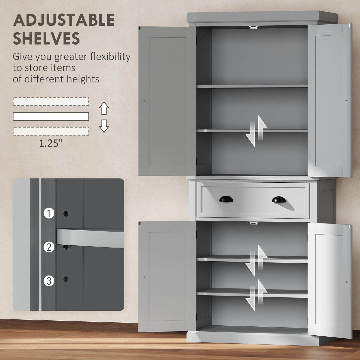 72.5" Gray Kitchen Storage Cabinet with Doors & Shelves