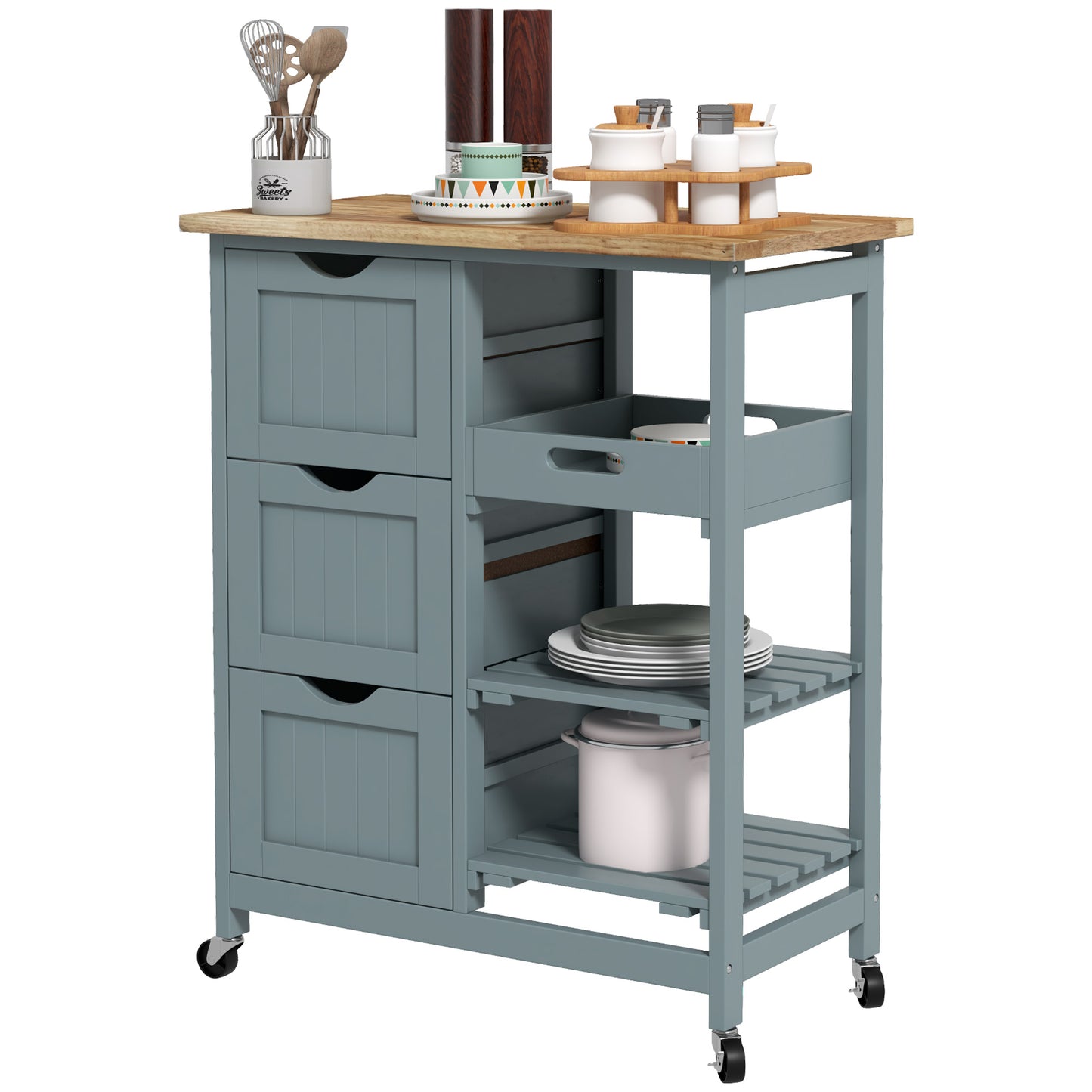 Rolling Kitchen Cart with Wood Top, Shelves & Drawers - Gray