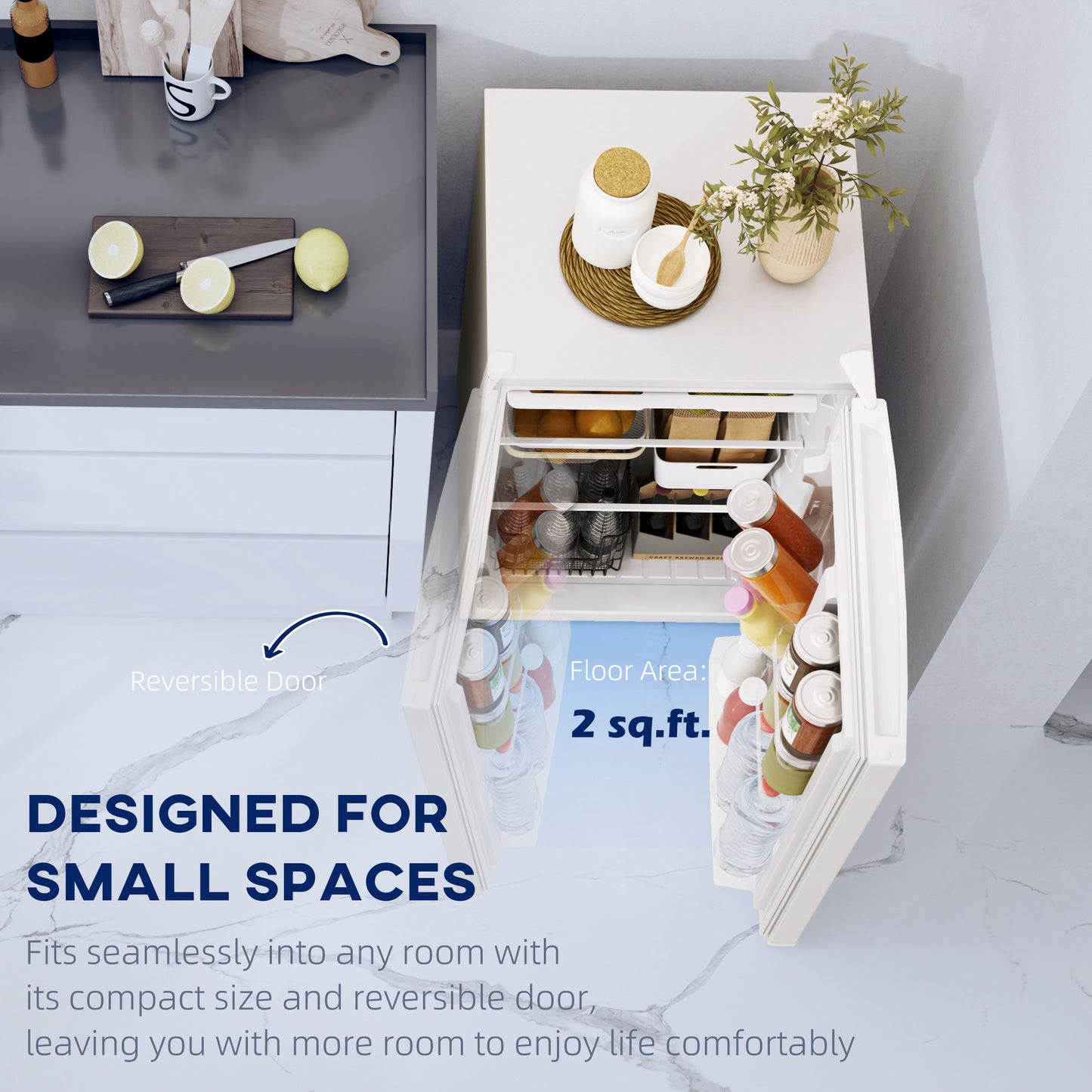 4.5 Cu.Ft Mini Fridge with Freezer, Reversible Door, Wheels, White