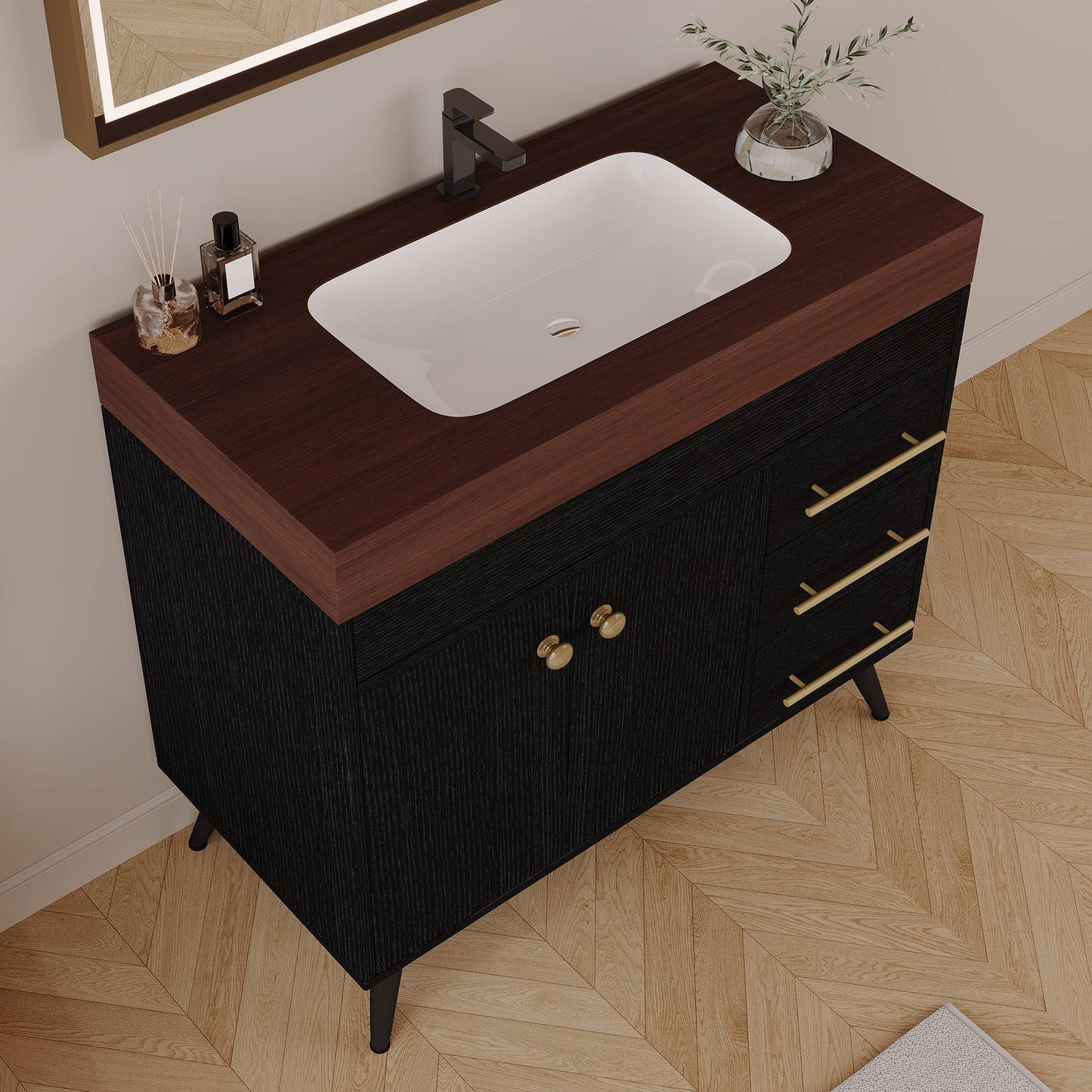 36" Freestanding Bathroom Vanity with Ceramic Sink & Faux Marble Top - Black Walnut