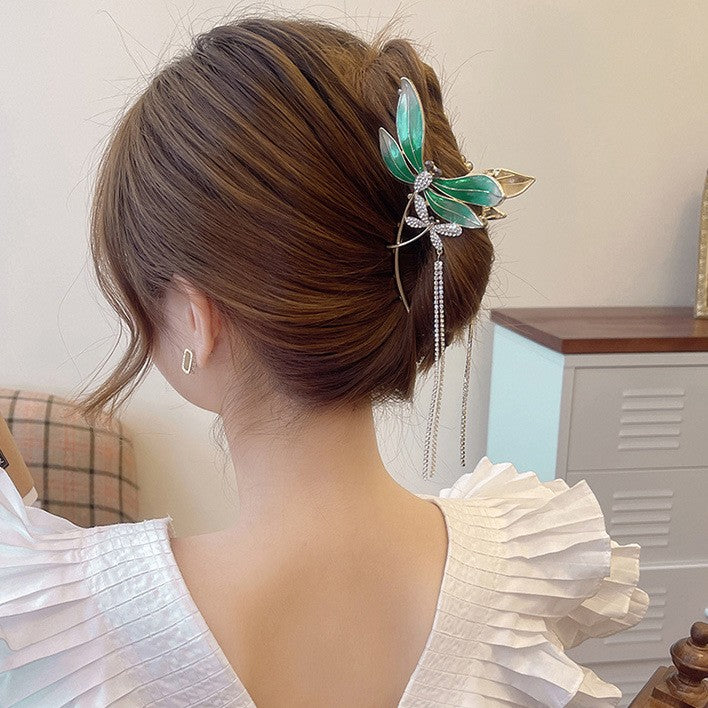 Large Tassel Hair Clip for Women - Korean Style Back of Head Hair Pin, Green