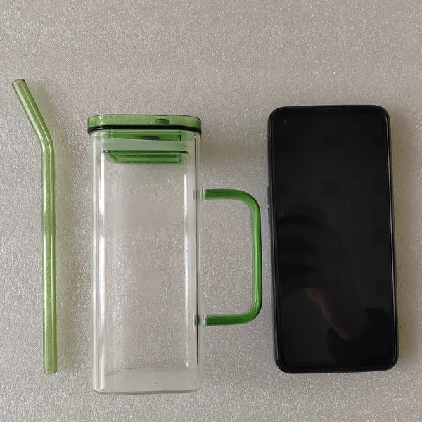 High Borosilicate Green Glass Straw Cup with Lid - 6 Colors
