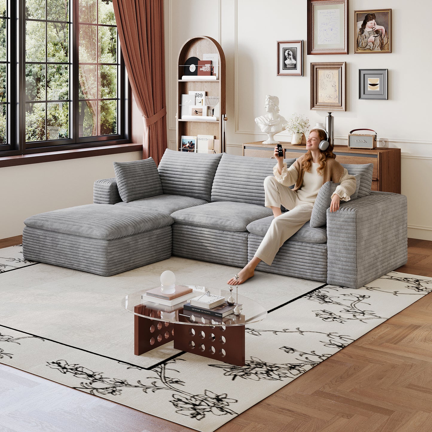102" Cloud Sofa - Corduroy Fabric, Deep Seat, Removable Cushion, Grey