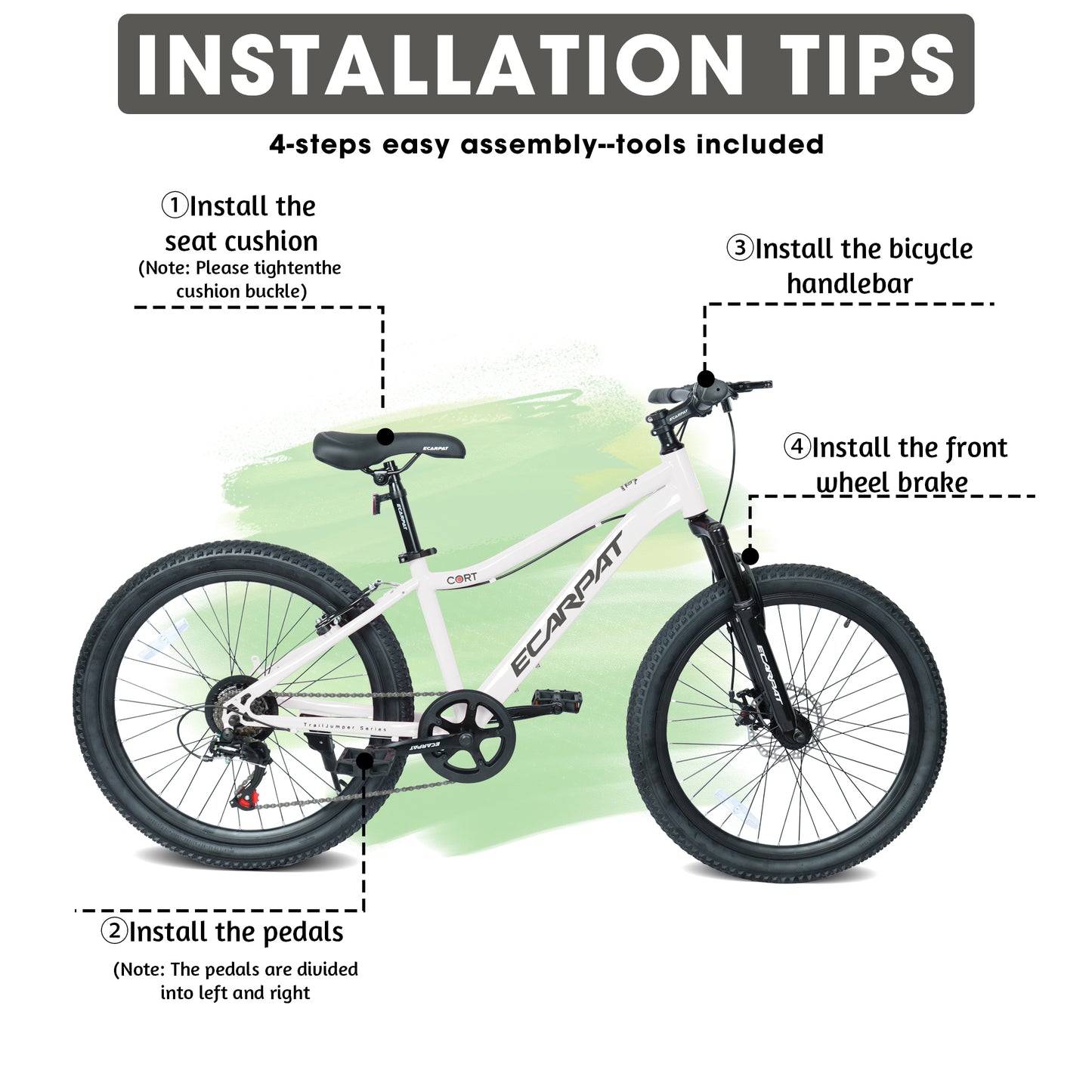 24 Inch Youth Mountain Bike - 7 Speeds, Steel Frame, White