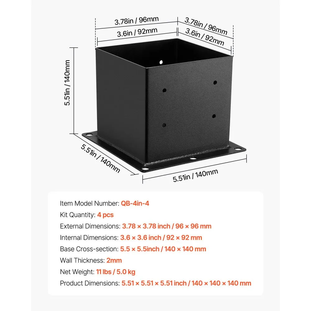 Heavy Duty Post Base Brackets for Wooden Deck Posts - Black, 4 Pack