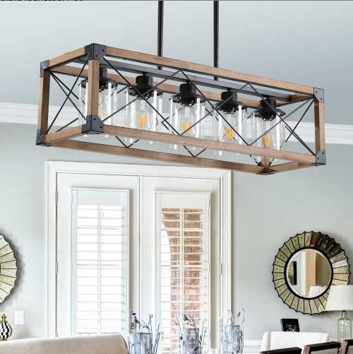 32 Inch Walnut and Black Farmhouse Pendant Light 5-Light Chandelier Ceiling Fixture