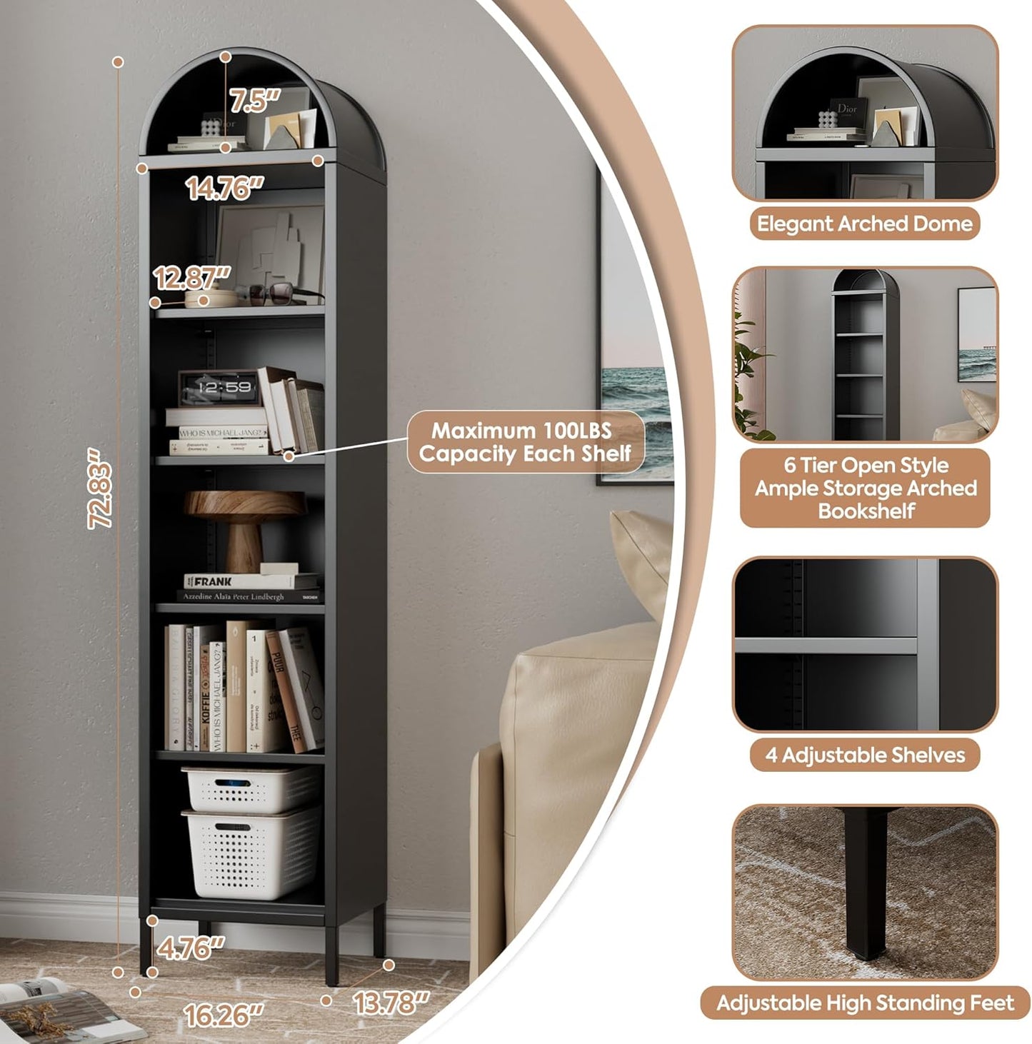 6-Tier Metal Arch Bookshelf - Freestanding Storage Organizer - Black