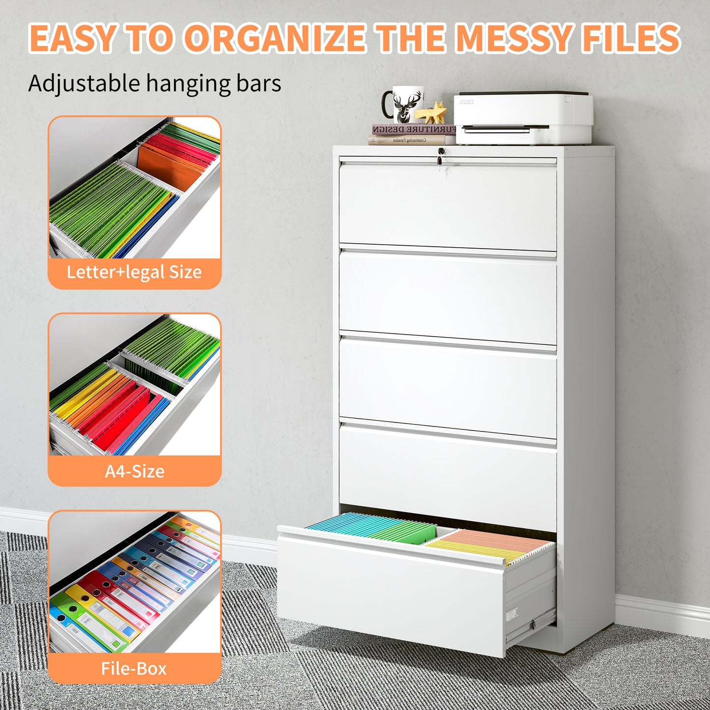 5 Drawer Metal Lateral File Cabinet , White Filing With Lock,