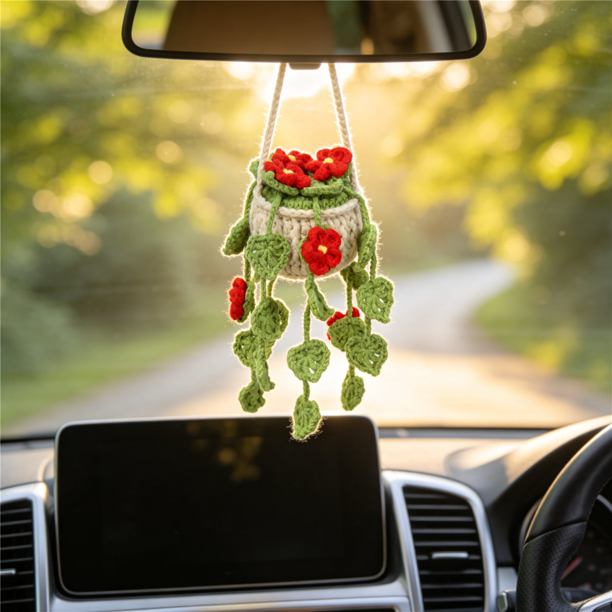 Handmade Crochet Hanging Potted Ornament with Red Blossoms & Green Vines - Indoor Home Decor