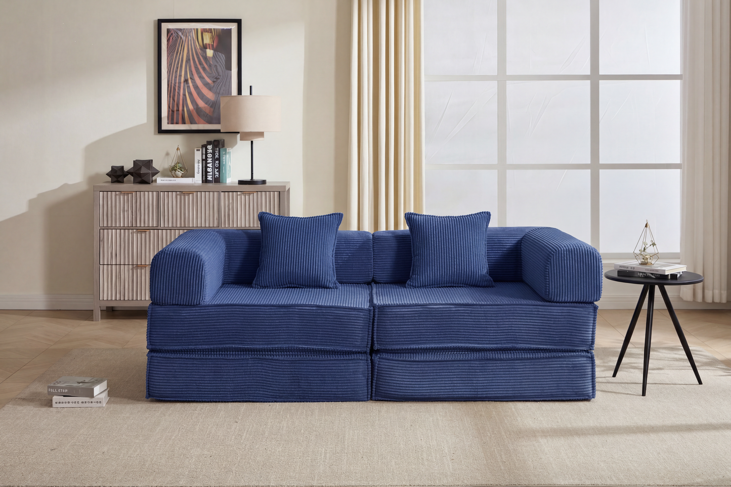 78" Modular Corduroy Convertible Sofa Bed with 2 Pillows - Navy Blue