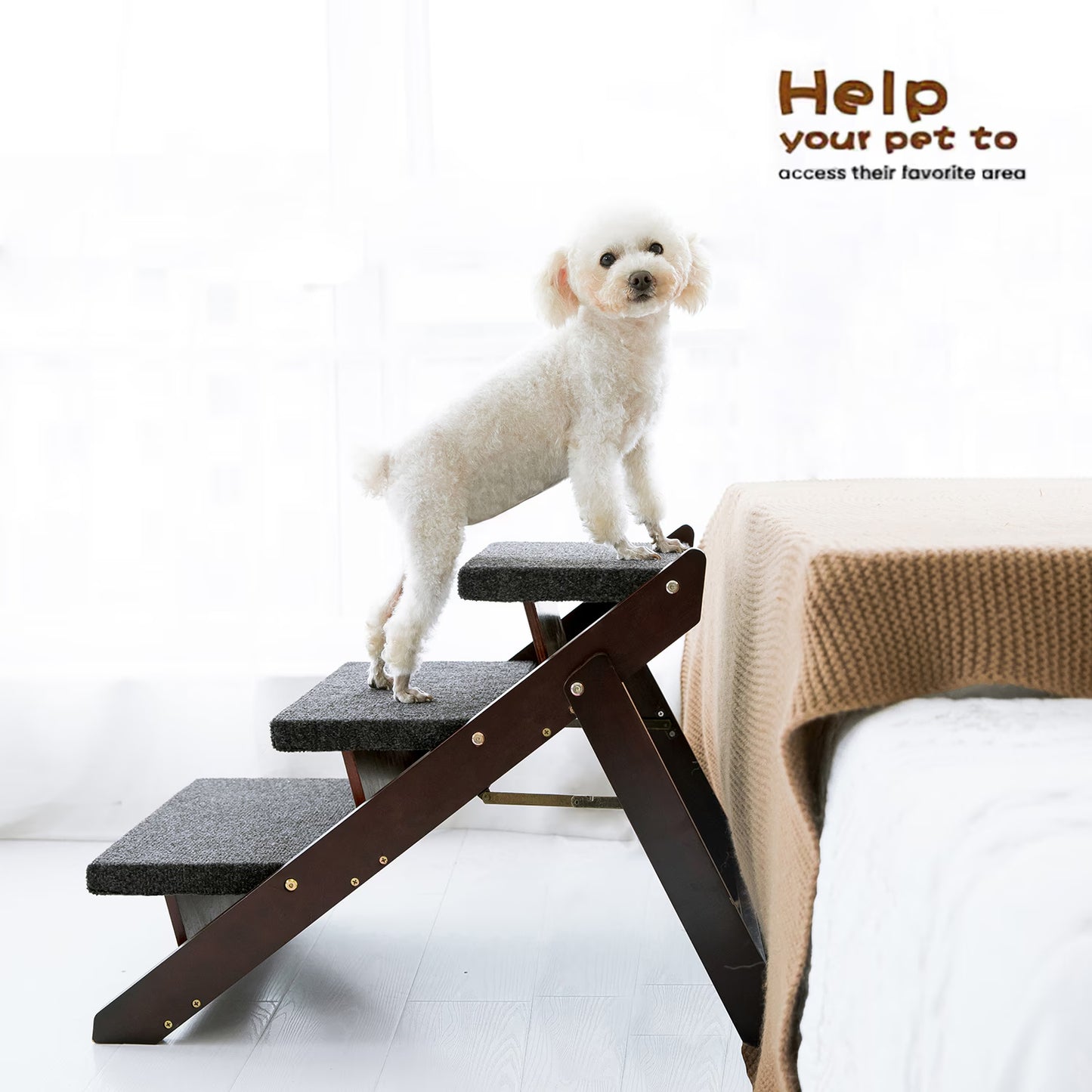 Foldable Wooden Dog Stairs & Ramp for Beds and Cars - Up to 110 lbs - Black or Brown