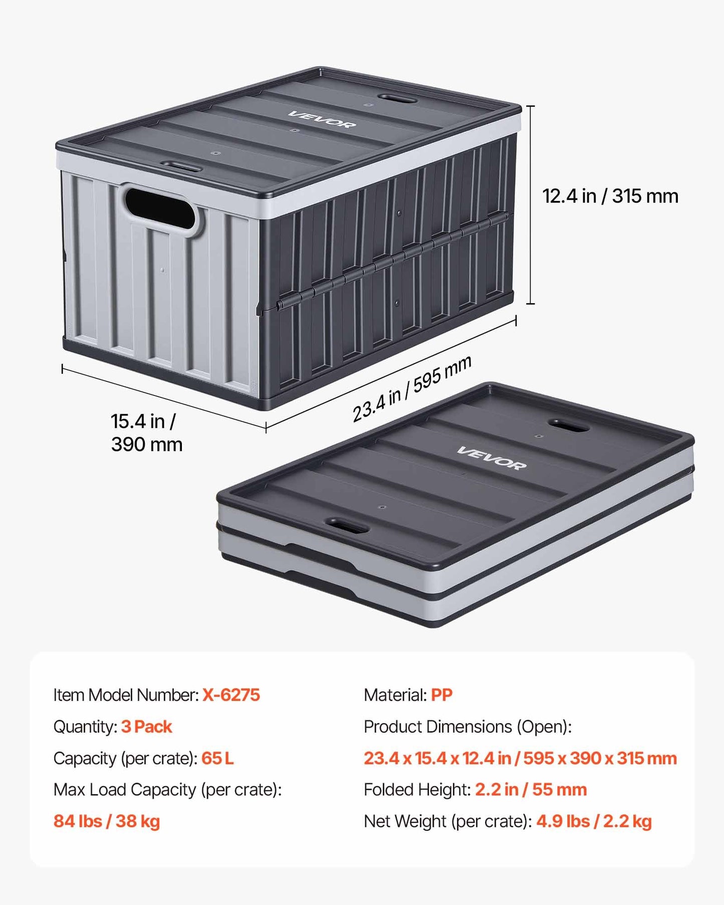 Heavy Duty Collapsible Storage Bins with Lids - 65L Stackable Folding Crates for Home Organization - Black