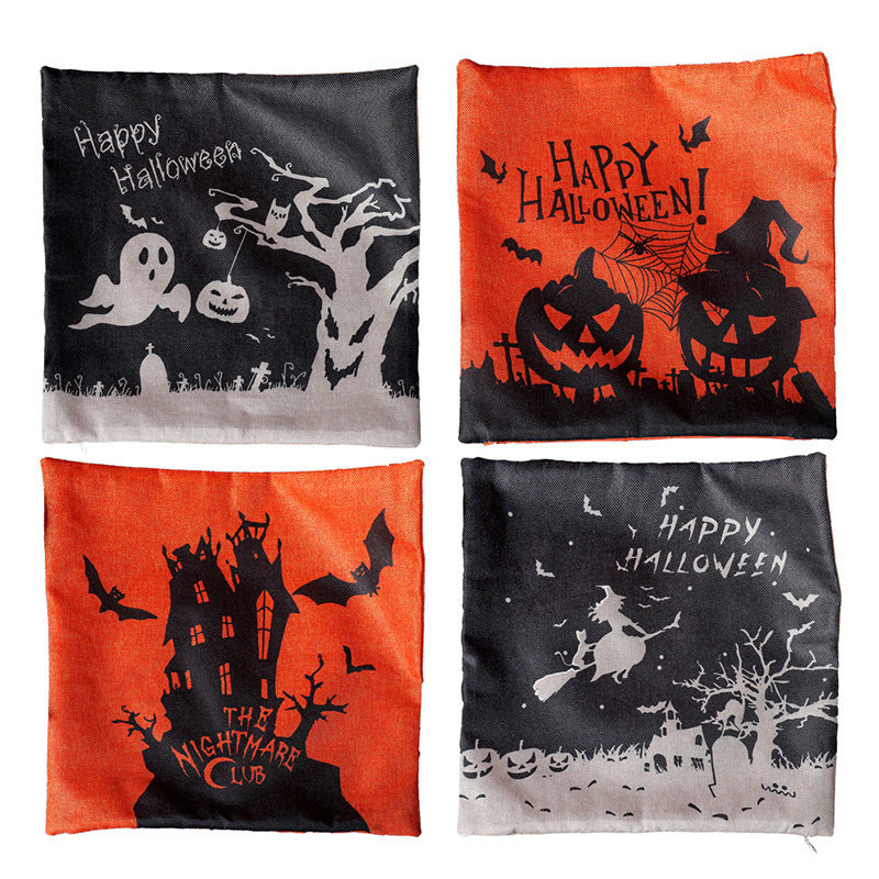 Halloween Themed Linen Plush Square Pillowcase - 43x43cm Decorative Throw Pillow Cover