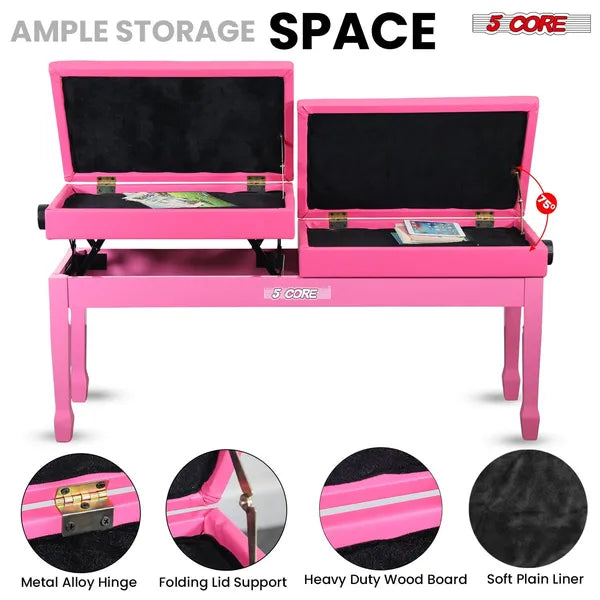 Heavy Duty Adjustable Piano Bench - Pink Padded Stool with Storage