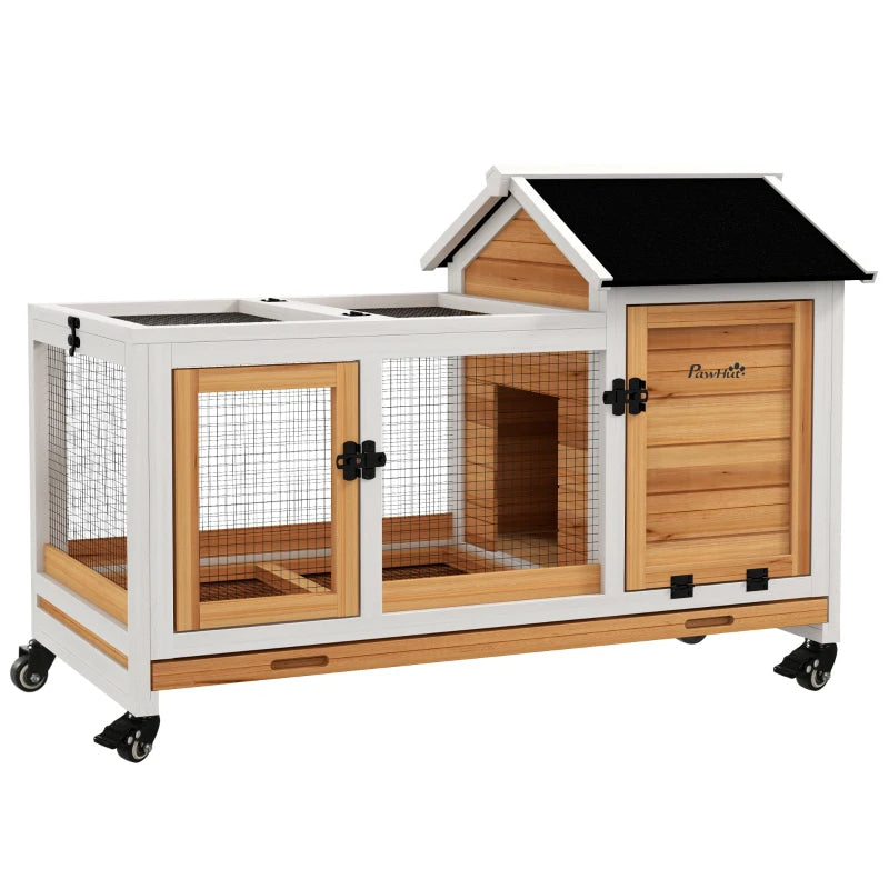 Wooden Rabbit Hutch with Wheels and Run - Small Animal Cage, Yellow & White