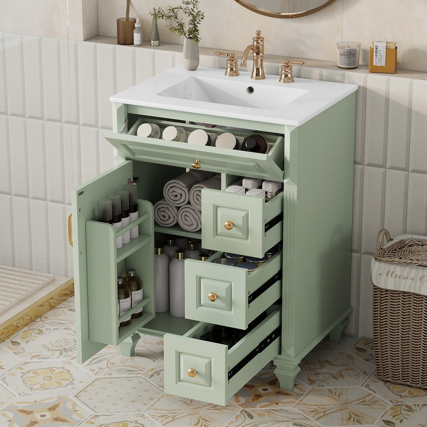 24-Inch Green Bathroom Vanity with Sink & Storage Cabinet
