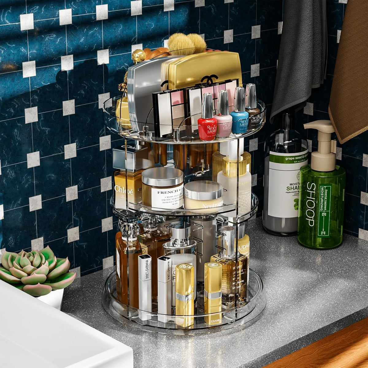 360 Rotating Makeup Organizer with Adjustable Shelves Clear Acrylic Vanity Storage