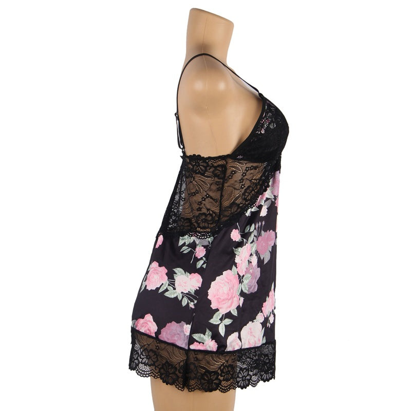 Plus Size Embroidery Lace Sleep Dress with Shorts - Pink & Black