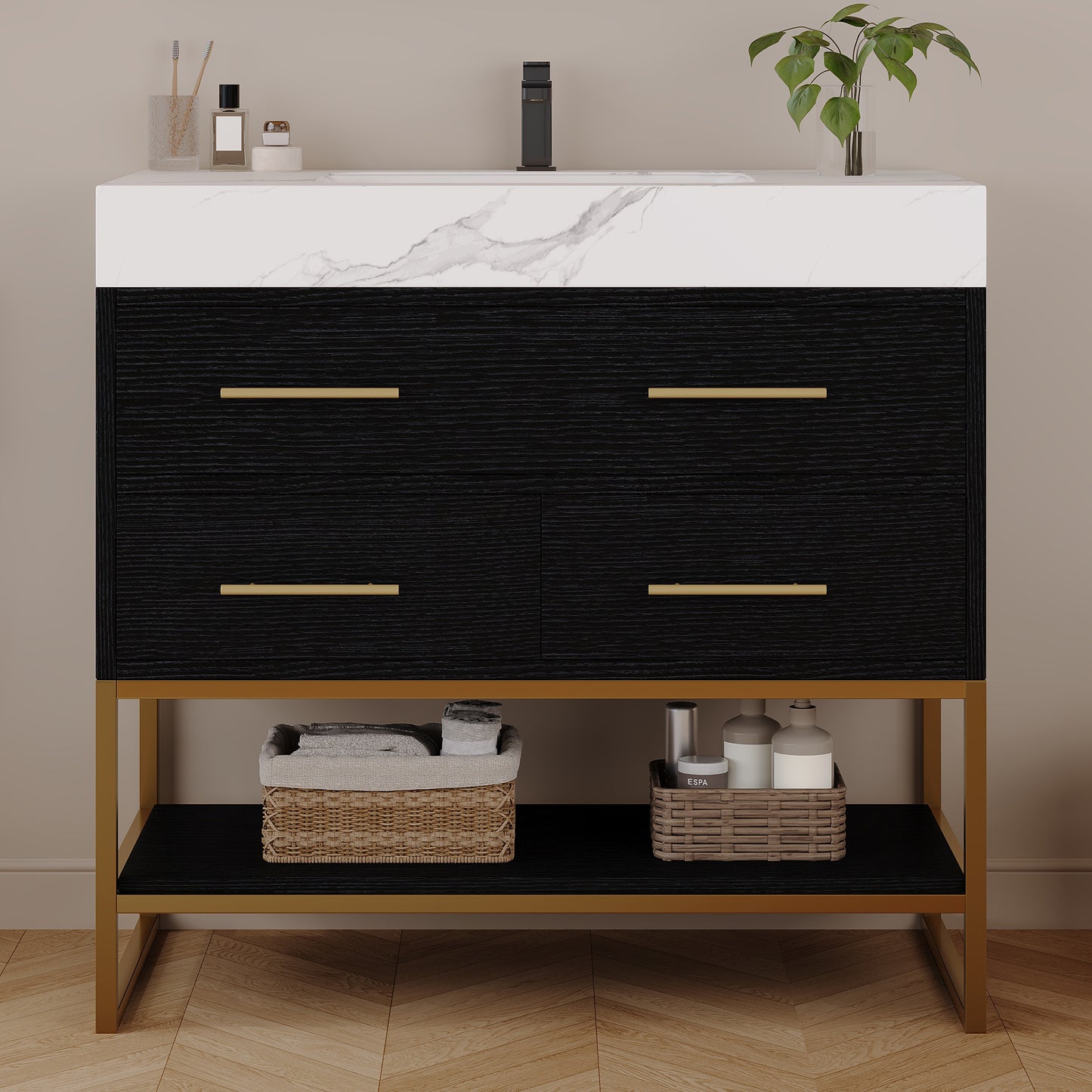 36" Artificial Stone Bathroom Vanity with Ceramic Sink & Storage