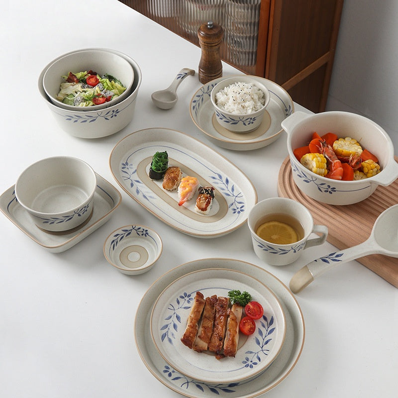 Retro Simple Rice Bowl Set - Household Kitchen Dinnerware with Flower Pattern