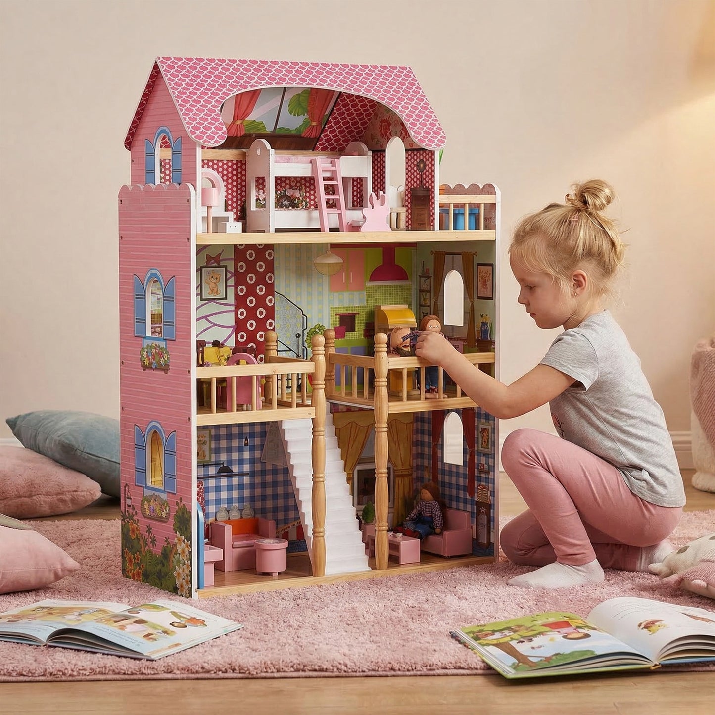3-Story Wooden Dollhouse with 14 Accessories - Kids Playhouse