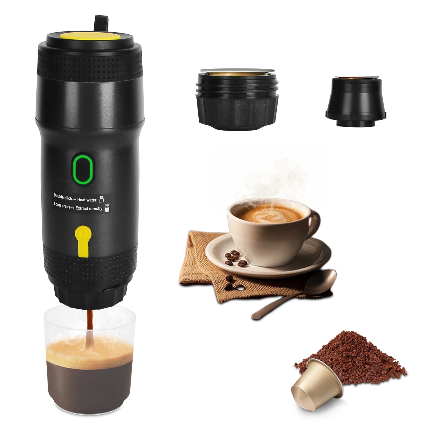 Cordless Portable Espresso Machine with Self-Heating for Ground Coffee and Capsules - Black