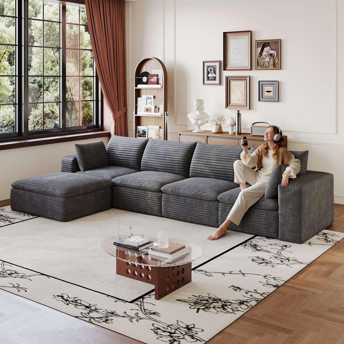 134" Cloud Sofa - Dark Grey Corduroy Fabric, Deep Seat, Removable Cushion