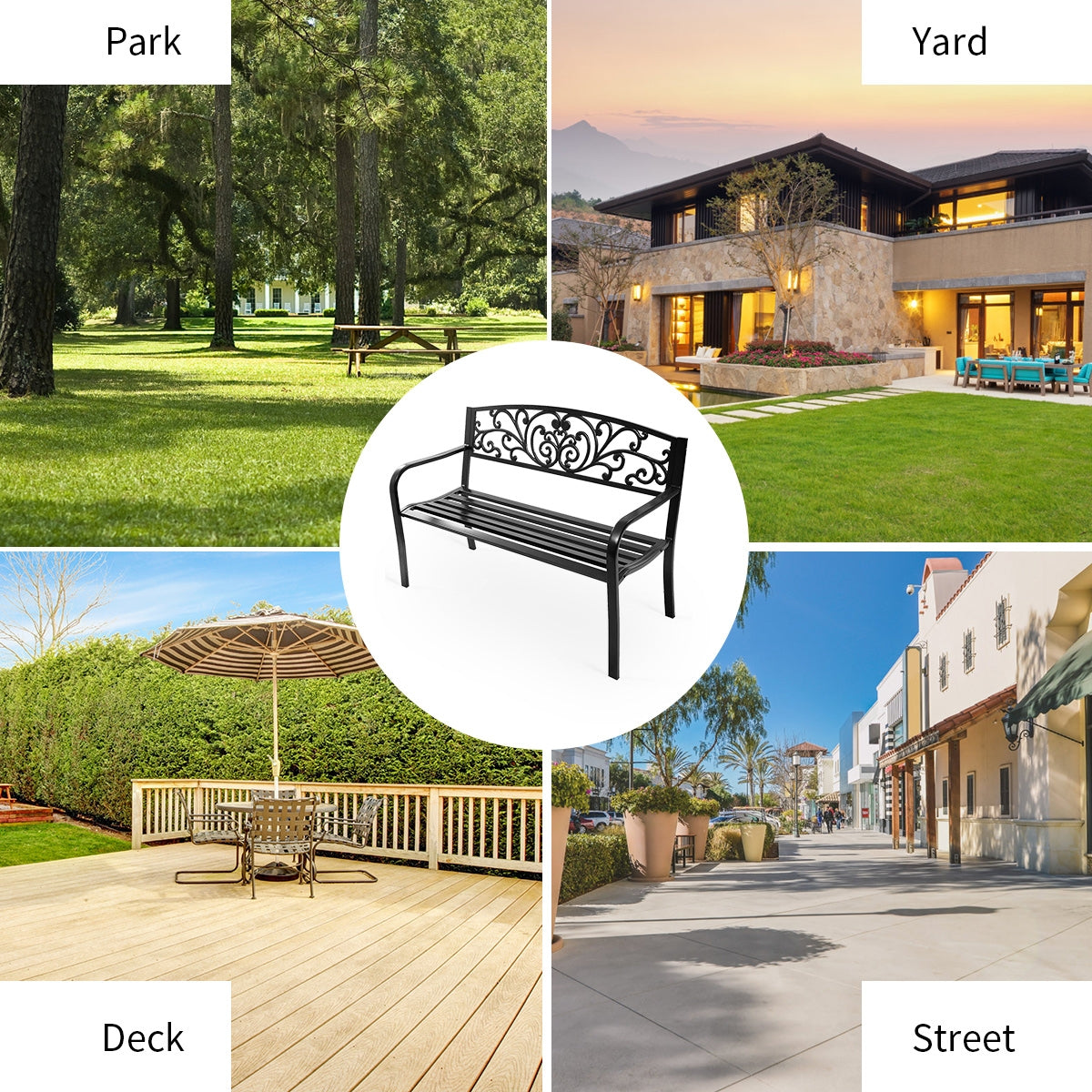 50 Inch Steel Frame Outdoor Bench with Cast Iron Backrest