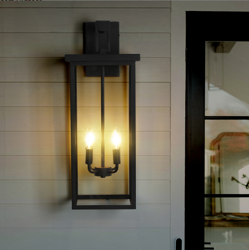 Outdoor Wall Lanterns - Modern Black Metal Frame with Clear Glass, Weatherproof Porch Sconces, No Bulbs