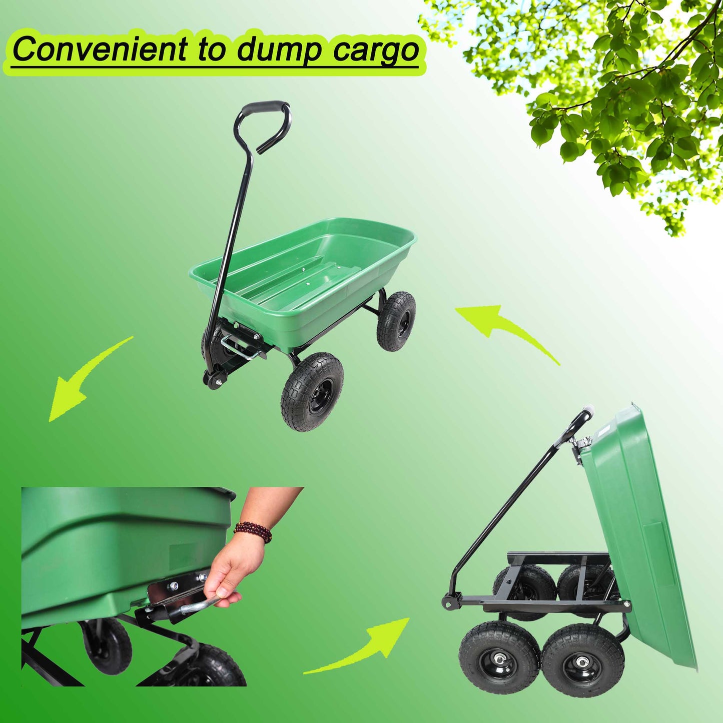 Folding Garden Dump Cart with Steel Frame 10 Inches Green Capacity 220lbs
