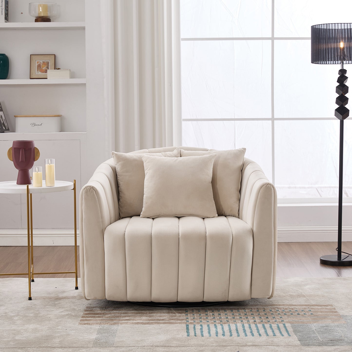 Oversized 39" Swivel Accent Barrel Chair with 3 Pillows - Beige