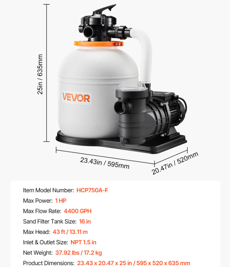 16-Inch Above Ground Pool Sand Filter Pump with Timer 1 HP 4400 GPH - White